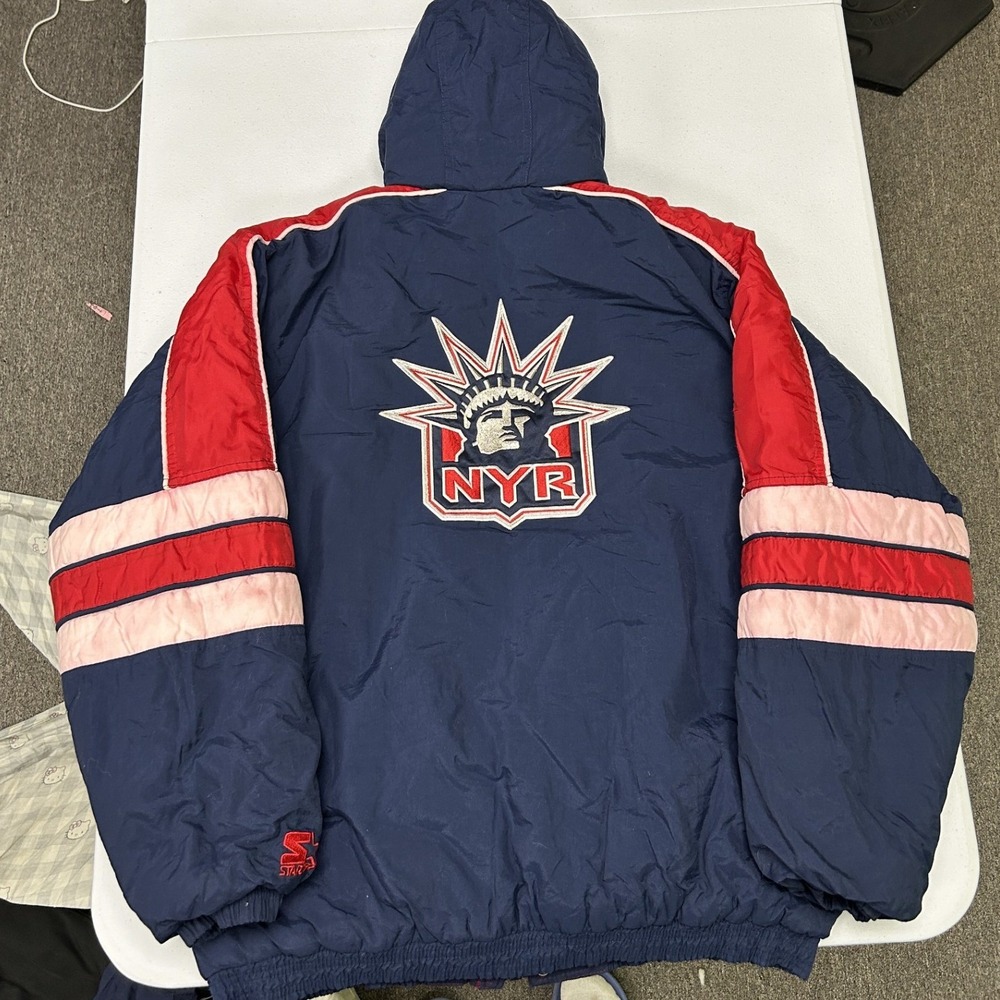 Starter Puffer Jacket Mens XL Blue New York Rangers NHL Vintage Lady Liberty D3